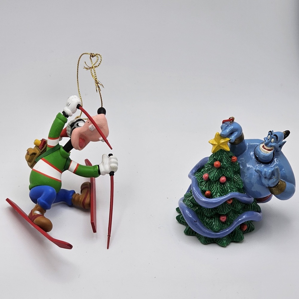Vintage Walt Disney Ornaments Goofy Skiing Aladdin Genie Christmas Tree Lot Of 2